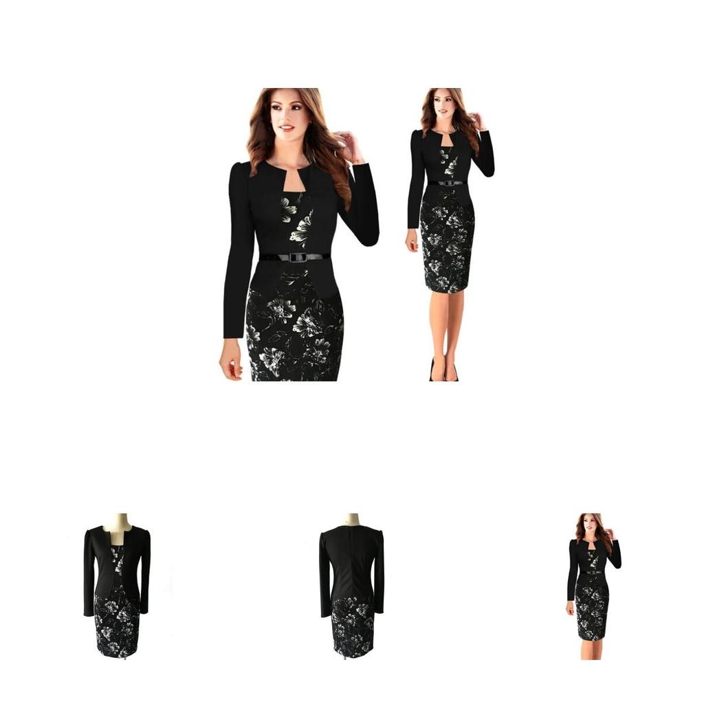 Women Splice Long Sleeve Belt Work Business Cocktail Formal Gown Dress Pencil