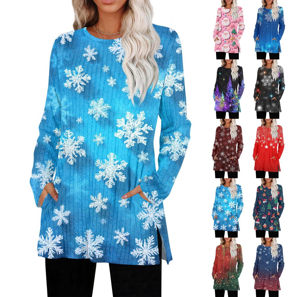Women's Christmas Printed Round-neck Long-sleeved Top With Pockets And Side Slits