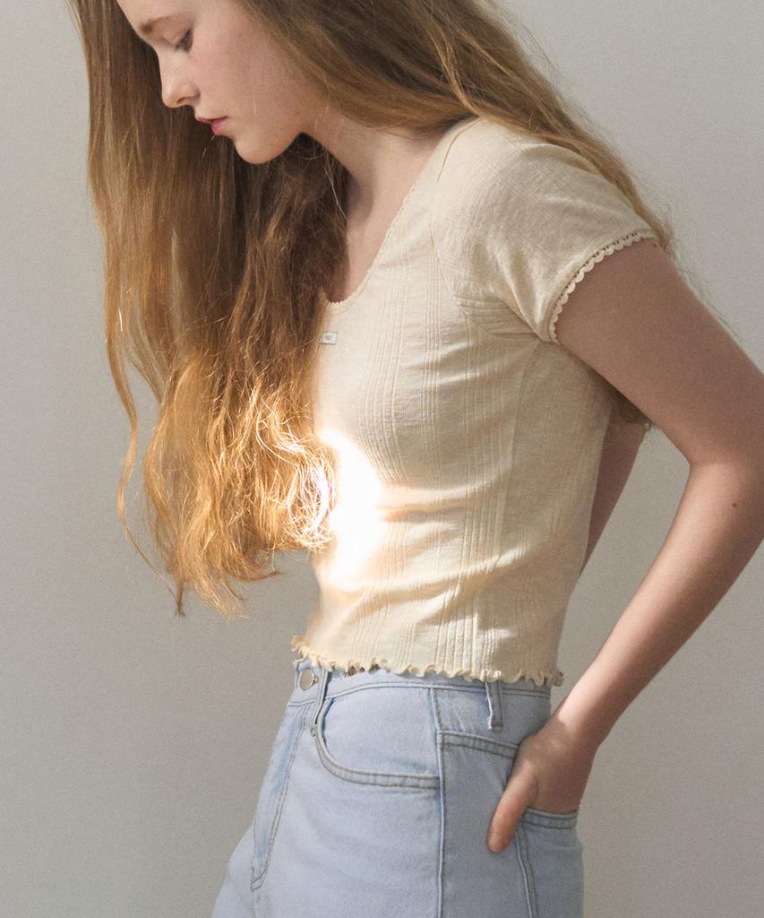 HAINT Frill U-Neckline Eyelet Semi Crop T-Shirt 2Col_Cream