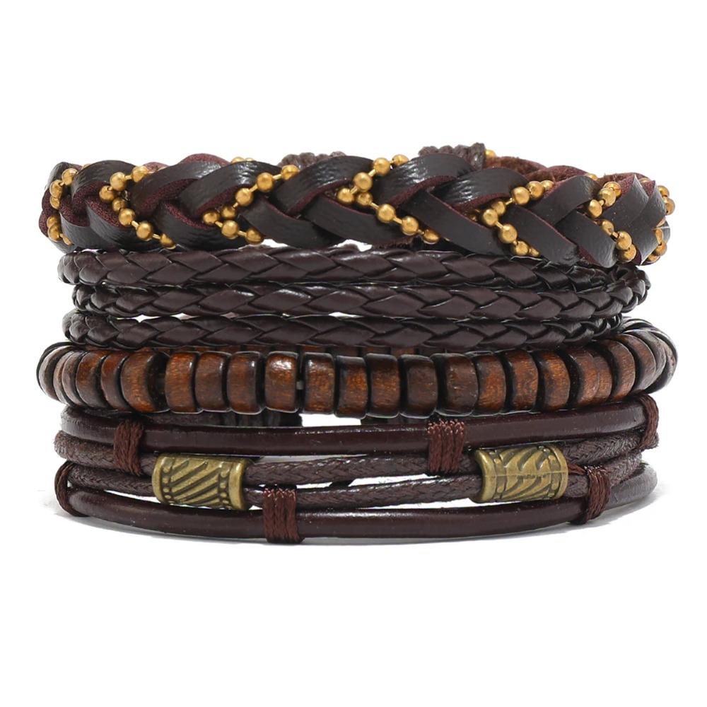 Braided Leather Bracelets for Men Vintage Life Tree Charm Wood Beads Ethnic Tribal Wristband Rope Bracelet Set