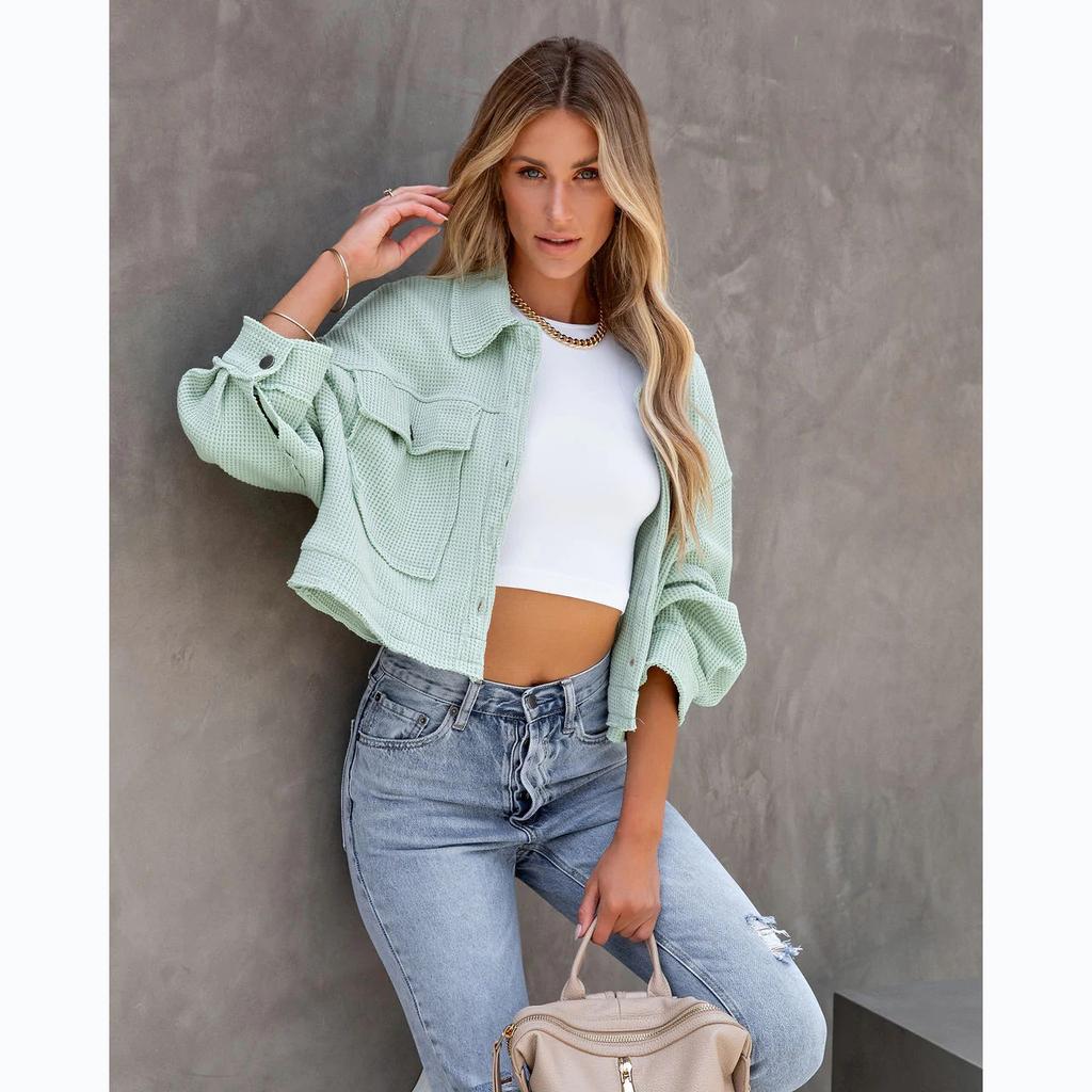 Casual fashion Ins style European and American autumn and winter models, lapel waffle jacket