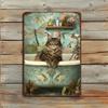 Vintage Sizzling Iron Sign   Cute Cat In Bath with Dragonflies Abstract Wall Art for Bathroom Bar Restaurant Home  Kitche