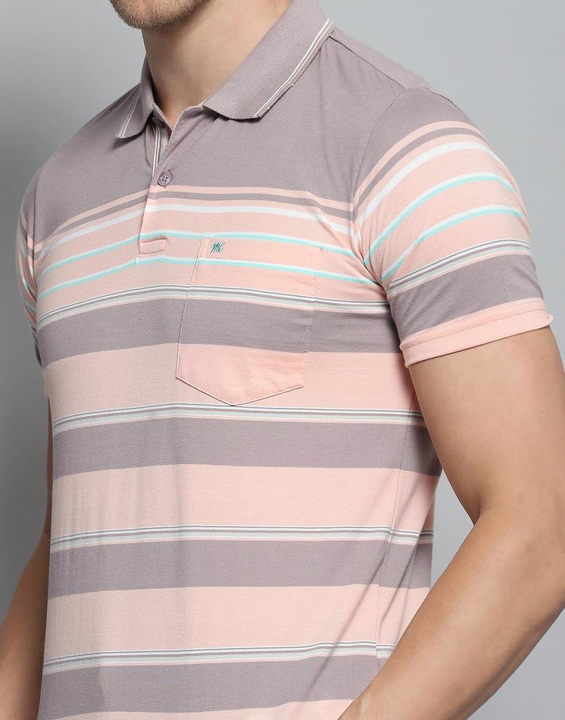 MONTE CARLO Mens Striped Peach Collar Neck Half Sleeve T-Shirt