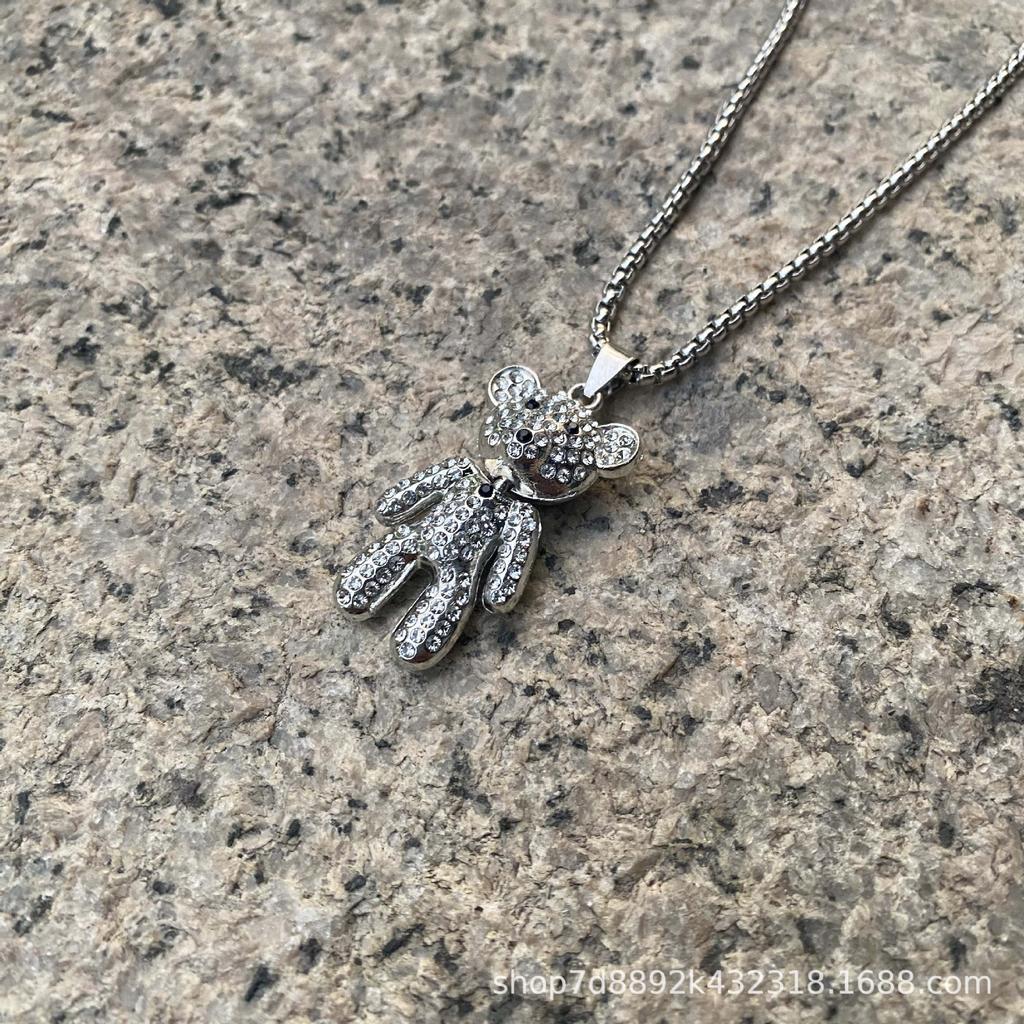 Titanium Steel Diamond-Encrusted Bear Necklace Hip-Hop Couple Alloy Pendant Pendant Personalized Men'S And Women'S Sweater Chain