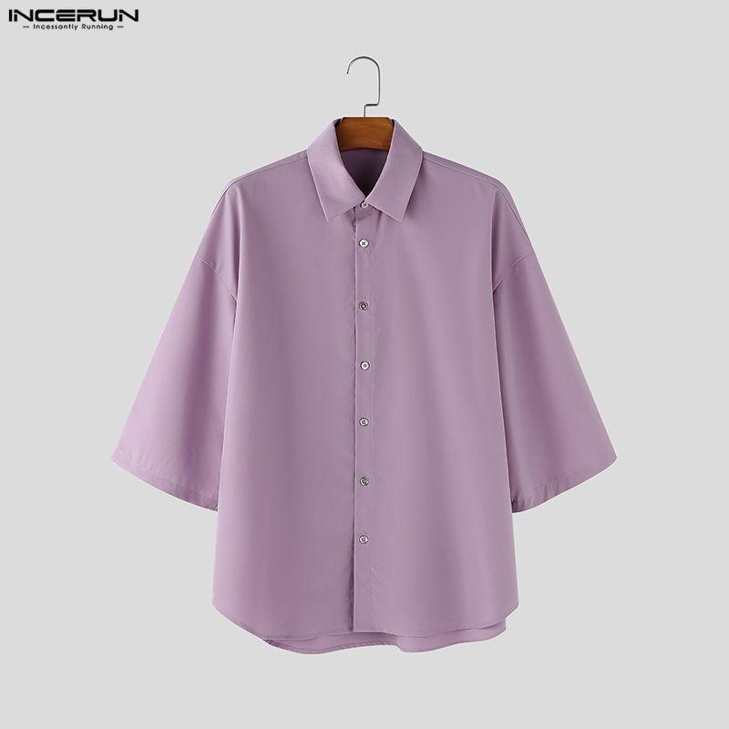 INCERUN Oversized Men Lapel Neck Half Sleeve Solid Buttons Casual Shirts Tops