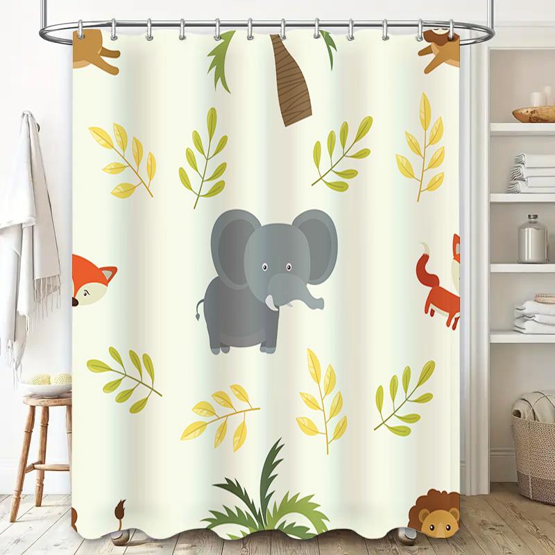 Animal-Themed Shower Curtain Set Featuring Playful Elephants And Woodland Creatures Perfect For A Kids' Bathroom!