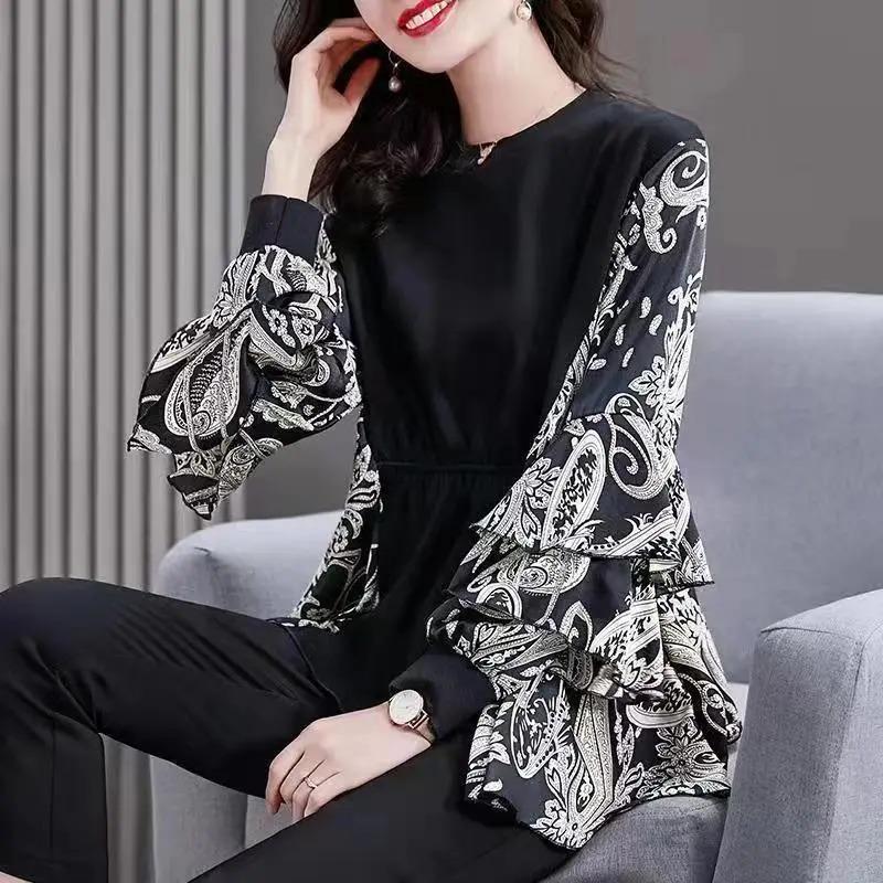 Autumn Long-sleeved Women's Tops Round Neck Printed Fashionable Middle-aged Plus Size Bottoming Shirts for Women