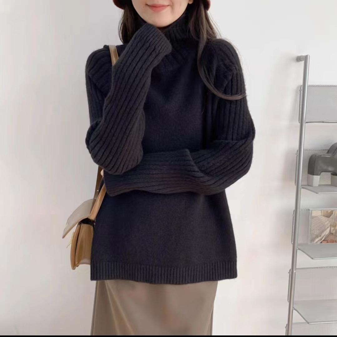 

QICED Осенне-зимний свитер с высоким воротником, женский модный простой утепленный свободный свитер с рукавами до плеча Top Tide Uniform size чёрный