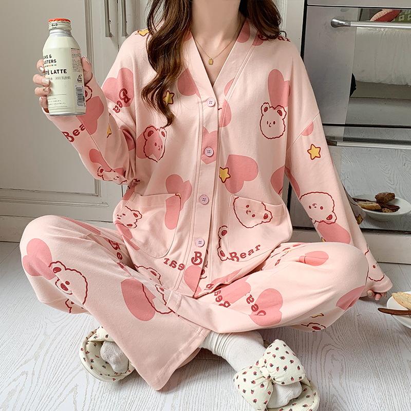 Girls' Cotton Kimono Pajama Set - Long-Sleeve Cardigan & Trousers with Cute Cartoon Design for Spring and Autumn