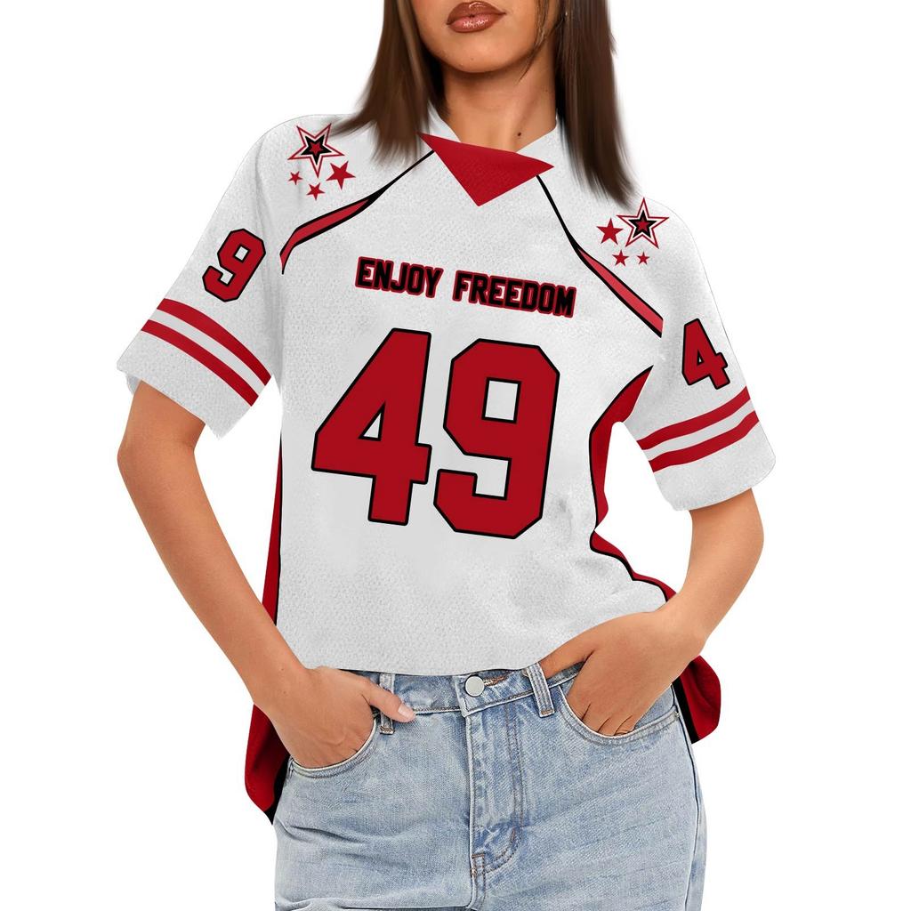 Women's Oversized Short Sleeve Mesh Football Jerseys Shirt V Neck Graphic Top Tee