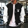Herren Lockere Sport-Baseballjacke Für Frühling Ärmel Gerippter Bund Brust Schwarz Pik-Druck Knopfleiste Außenmantel S-3XL