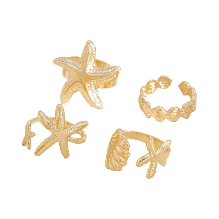 Pack of 4 Summer Gold & Silver Alloy Rings Adjustable Starfish Design Women's Beach Jewelry Set Coastal Fashion Accessories