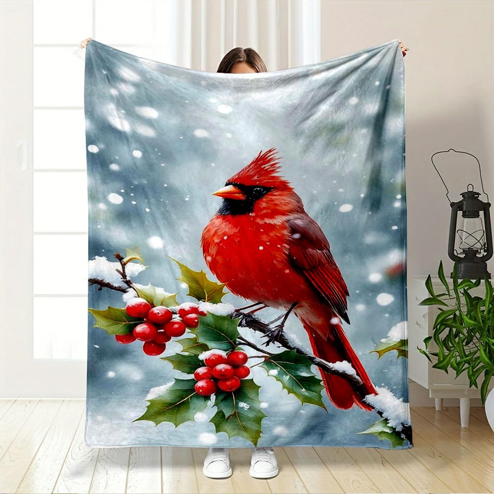 Red Cardinal Bird with Snowy Holly Branch - Flannel blanket for bedroom, living room, sofa, and nap.