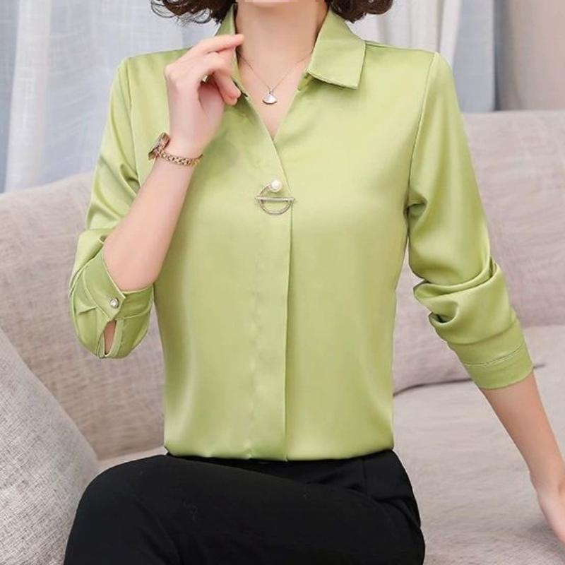 Elegant Women Chiffon Blouse Temperament Turndown Collar Office Lady Shirt Streetwear Casual Solid Color Tops Clothing