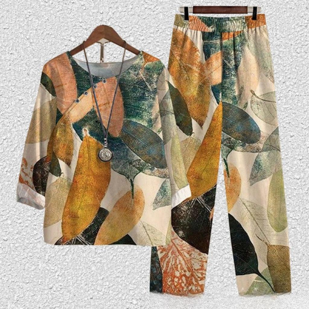 Women's Loose Fit Floral Printed Two Piece Outfit Half Sleeve T-Shirt Elastic Waist Pantsuit