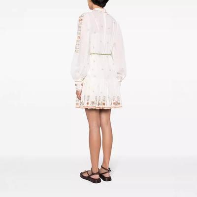 Autumn European and American Popular New Casual Round Neck Lace-up Printed Dress Women