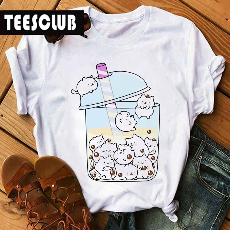 Milk Tea Cat Print Bubble Tea Animal TShirt Unisex Couple Trendy Personalized Womens Clothing Soft Cotton Short Sleeve Tshirt