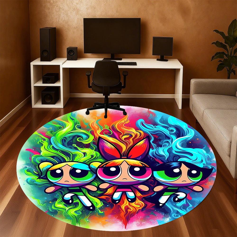 1pc Powerpuff Girls, Cartoon Round Chair mat Area Rug - Non-Slip, Floor Mat for Office, Bedroom, home decor Christmas Gift p0811035