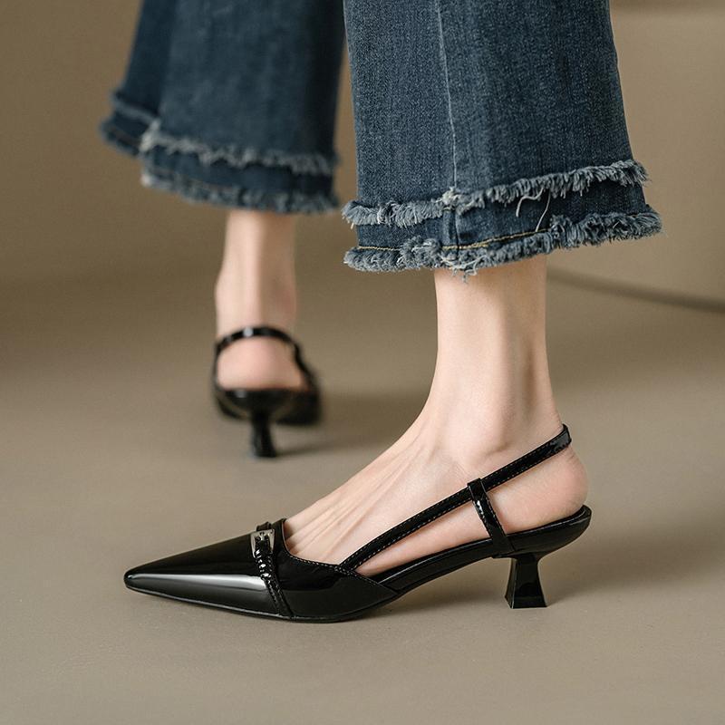 Baotou Sandals Women's Summer New Patent Leather Pointed Middle Heel Cat Heel Shoes French Temperament Small High Heels Empty Single Shoes
