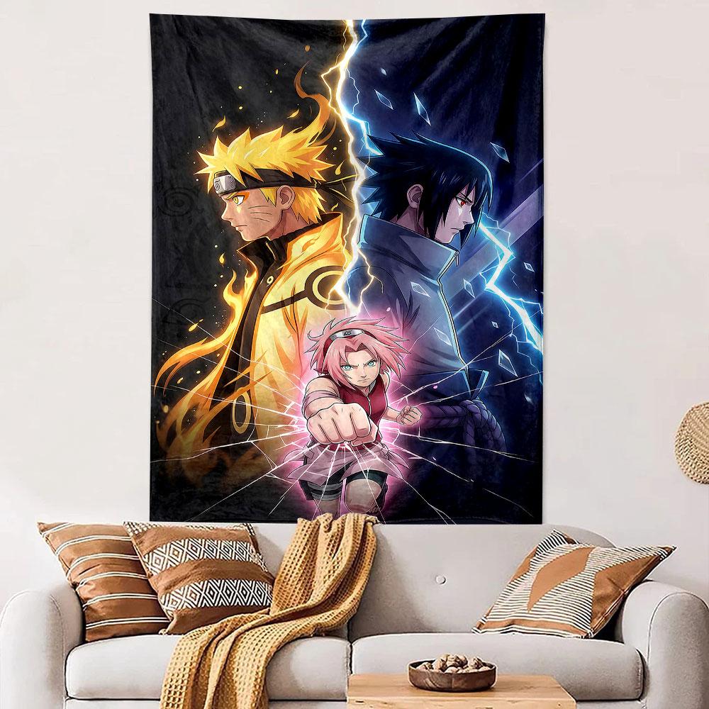 Naruto Team 7 Anime Wall Tapestry Naruto Sasuke Sakura Fire Lightning Split Decor for Bedroom Dorm Game Room Gift for Fans