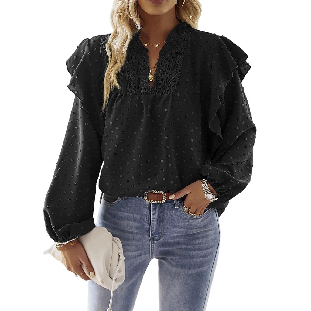 Women's V,Neck Lace Patchwork Blouse With Ruffled Sleeves