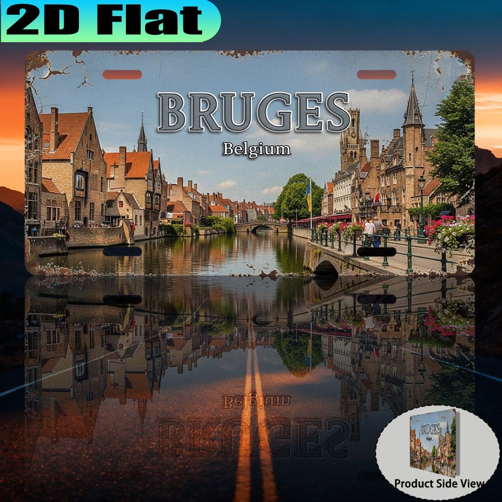 D Flat Bruges Aluminum Sign License Plate Urban Style Travel Enthusiast Gift Suitable for Porch Wall and Living Room Decor