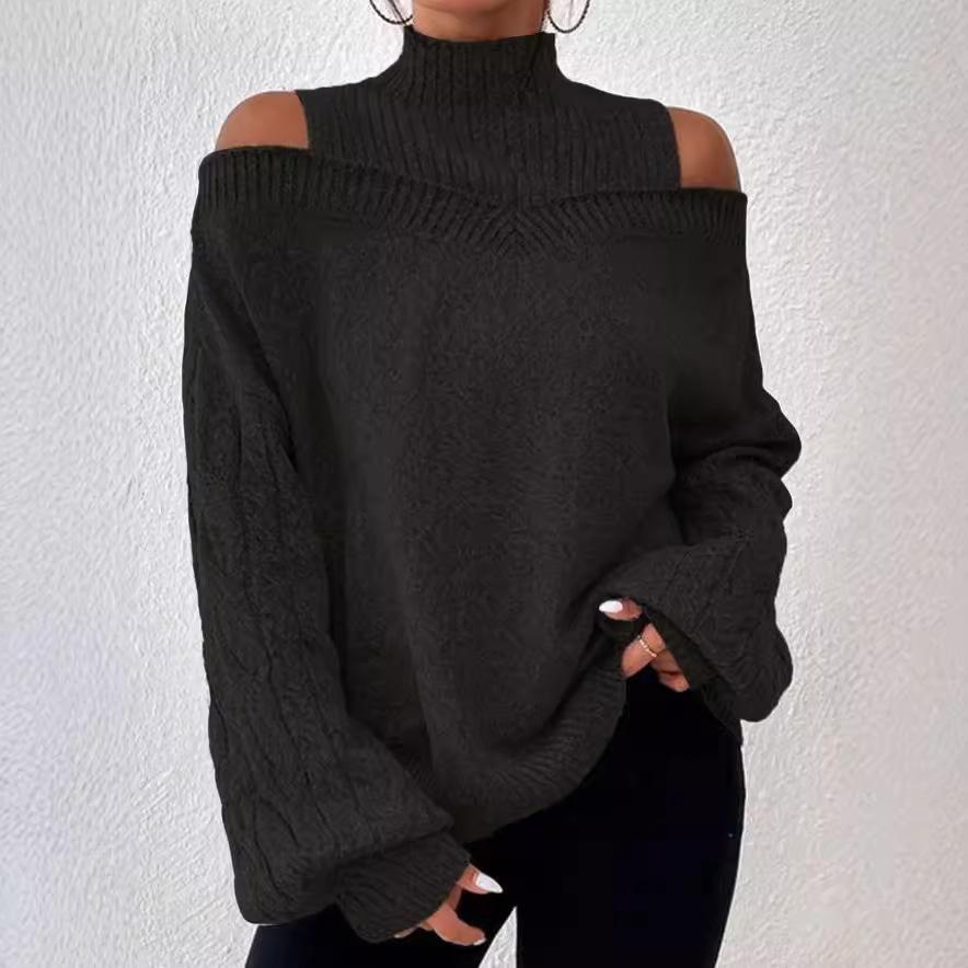 Off-the-shoulder Sweater Female Pullover Autumn and Winter New Loose Semi-high Neck Lantern Sleeve Sweater Female
