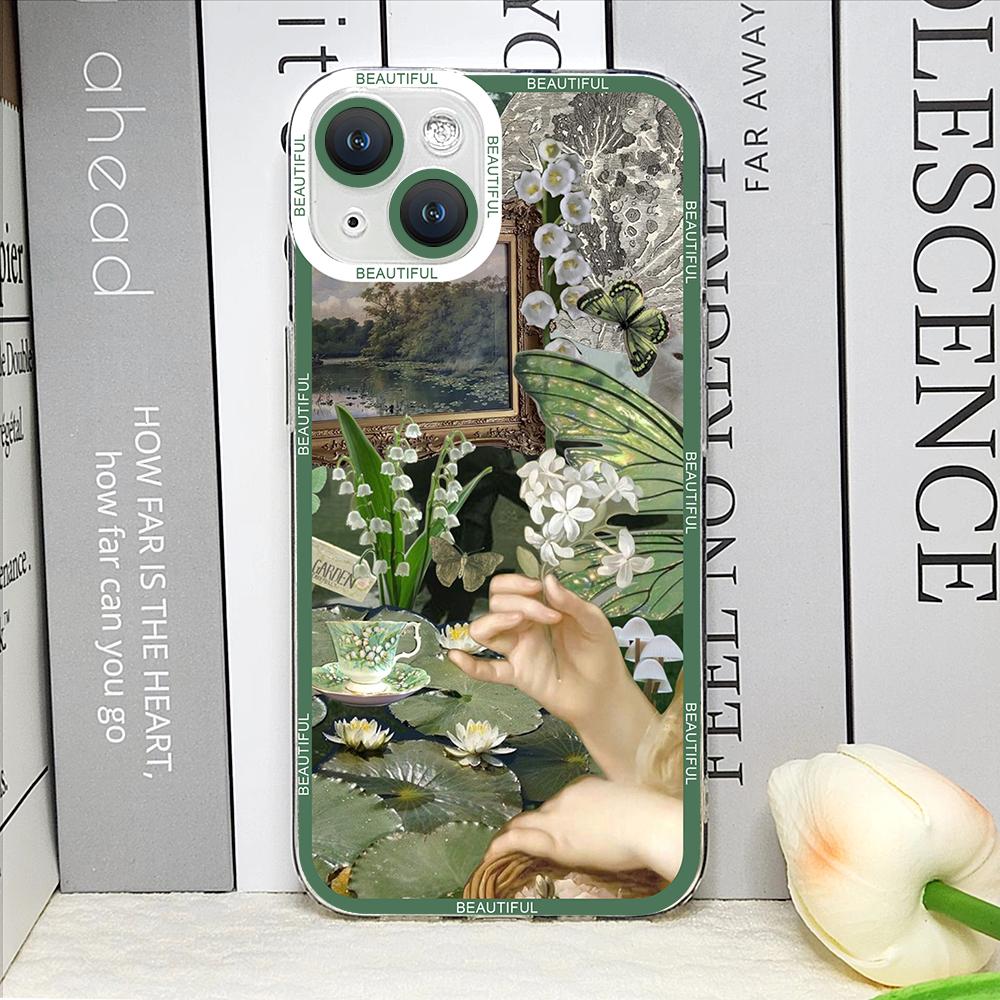 

Green Retro Flower Stickers Phone Case for IPhone 16 11 12 13 Pro Max Mini 7 8 16 Plus SE20 X XS XR Soft TPU Clear Covers Fundas For iPhone X XS
