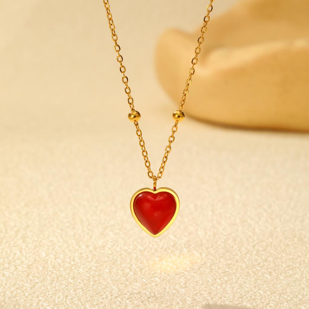 Fashion Stainless Steel Bead Chain Red Resin Heart Pendant Gold Necklace 2238