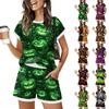 Women Casual Loose Fit Two Piece Set Short Sleeve Top and Shorts Lightweight Comfortable Lounge Wear with Halloween Pumpkin Print