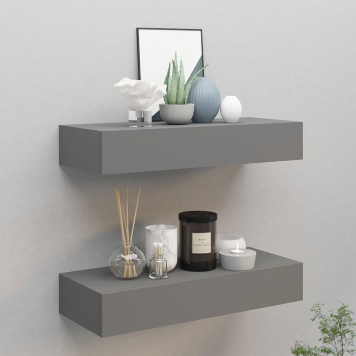 VidaXL Wall-mounted Shelves with Drawers 2 Pcs Grey 60x23.5x10 Cm MDF