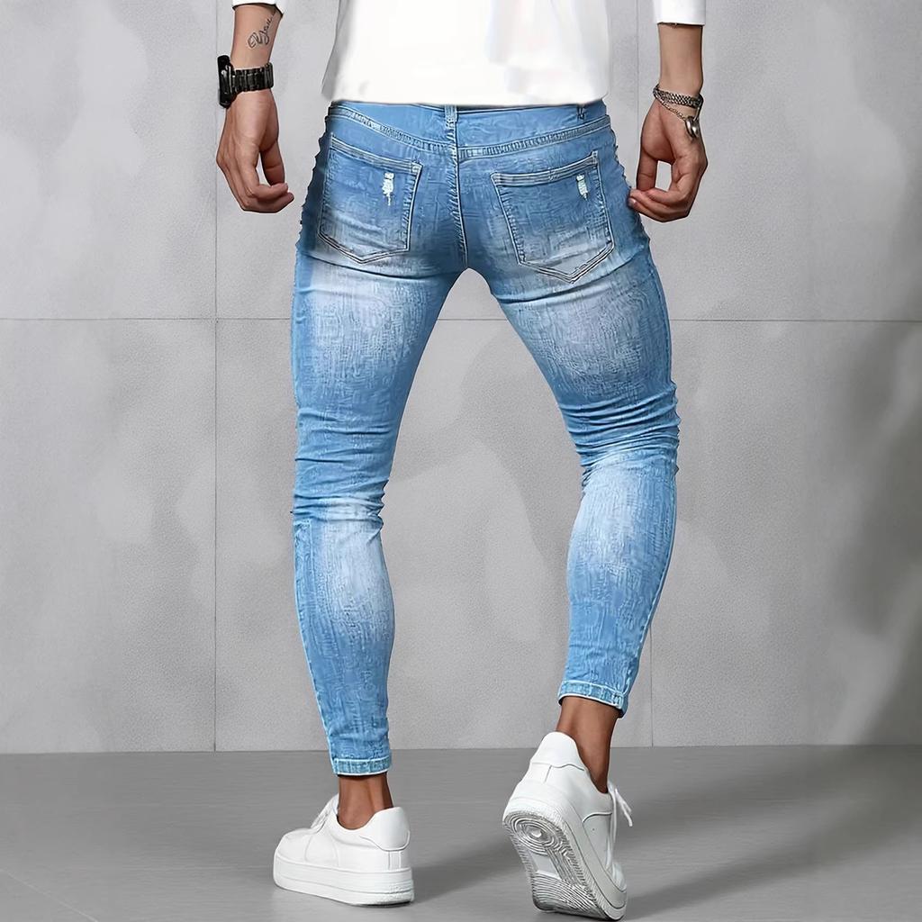New American High Street Polished White Ripped Jeans Men'S Light Blue Slim-Fitting Pencil Nine-Point Pants