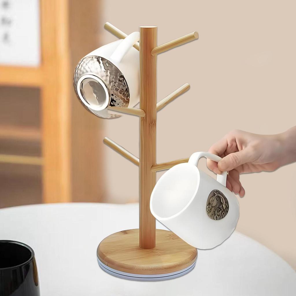Hölzerner Becher Hänge-Präsentationsständer Trinkgläser Regal mit 6 Haken Baumform Holz Kaffee Tee Tasse Aufbewahrungshalter Ständer