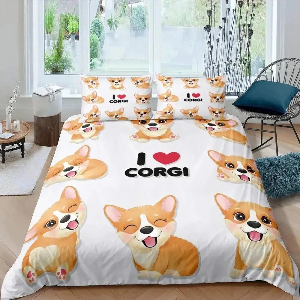 Pug Corgi Shiba Puppy Duvet Cover Set Dog Comforter Cover I Love Dogs Bedding Sets Kawaii Animals Cartoon Bedspreads Full Size