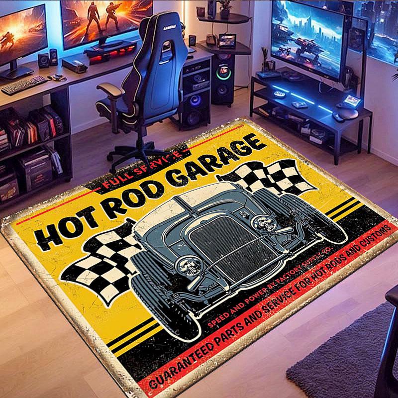 Vintage Car Garage-Themed Rug, suitable for living room, bedroom, game room, computer room and home décor.