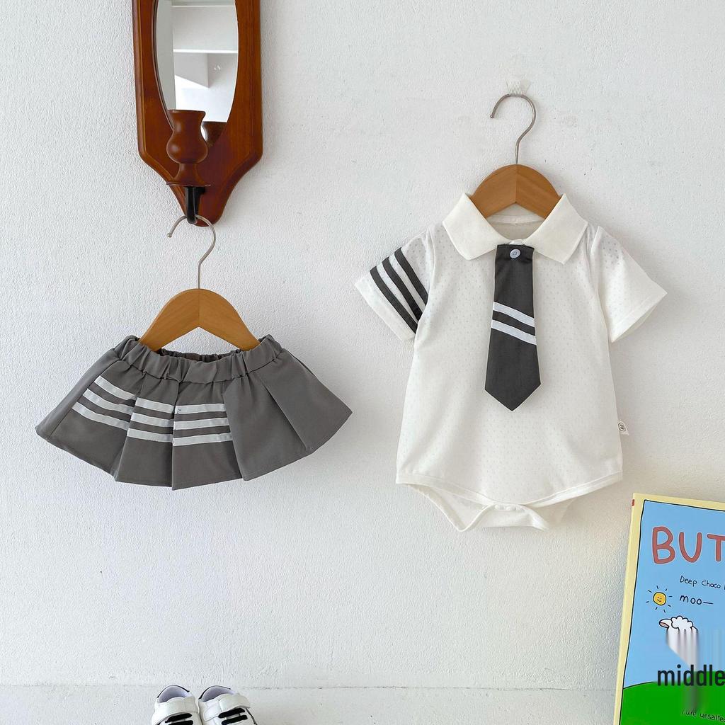 Korean-Style Preppy Romper: Trendy Infant Gift for Girls & Boys, Includes Tie - Perfect for One-Year-Olds.