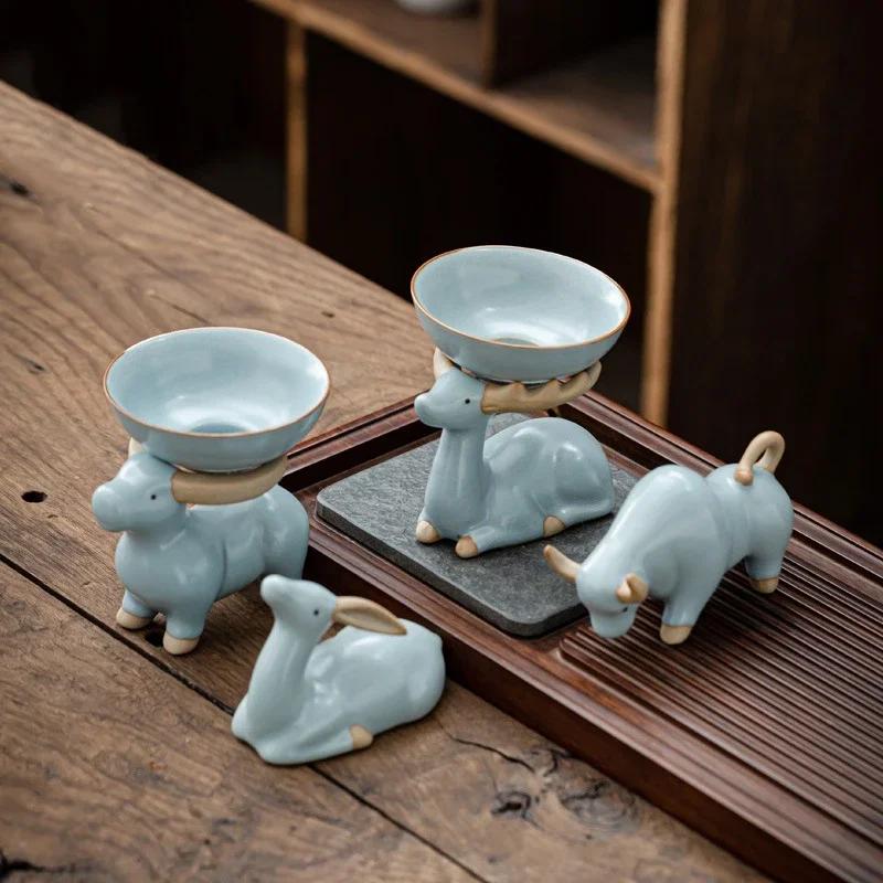 Creative Solid Color Cow Tea Pet Ru Kiln Open Piece of Ceramic Zen Tea Ceremony Accessories Used To Place The Tea Filter Tool