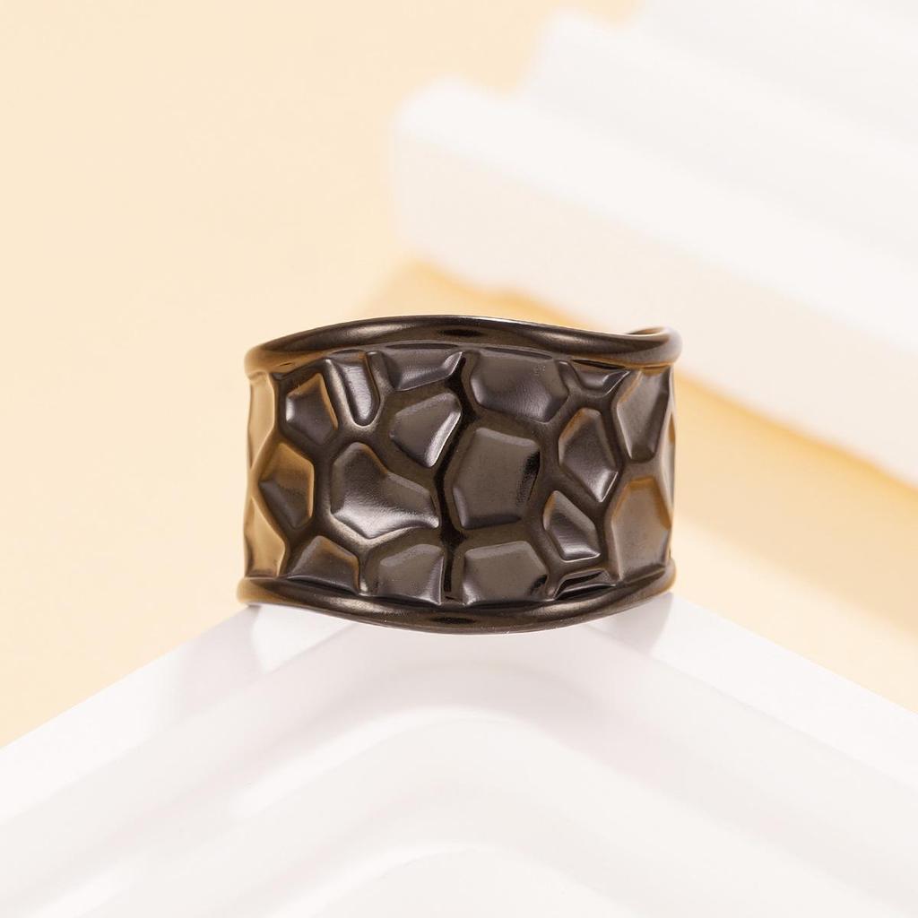 Wide Geometric Textured Stainless Steel Open Ring for Women