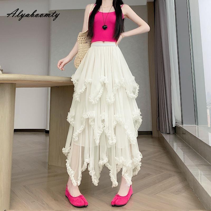 Spring Summer Women Irregular Mesh Skirt High Waist White Apricot Black Mesh Skirt Ballet Layered Ruffles Fairy Princess Skirt One Size