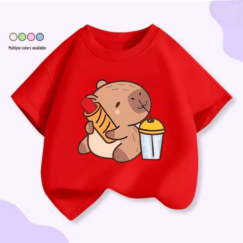 Unisex Kids’ Cute Capybara Milk Tea Cartoon T-Shirt - Loose Summer Casual Short Sleeve Top