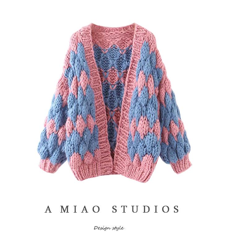 European Color Block Wave Pattern Chunky Knit Lantern Sleeve Cardigan for Autumn/Winter Women.