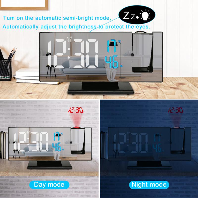 3D Projection Alarm Clock Snooze Larger LED Mirror Clock Display Temperature Auto Brightness Bedroom Bedside Clock