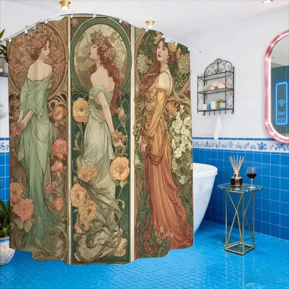 1pc Bathroom Shower Curtain, Original Illustration Art Exhibition Series, Japanese-style Shower Curtain, Includes 12 Hooks, 18