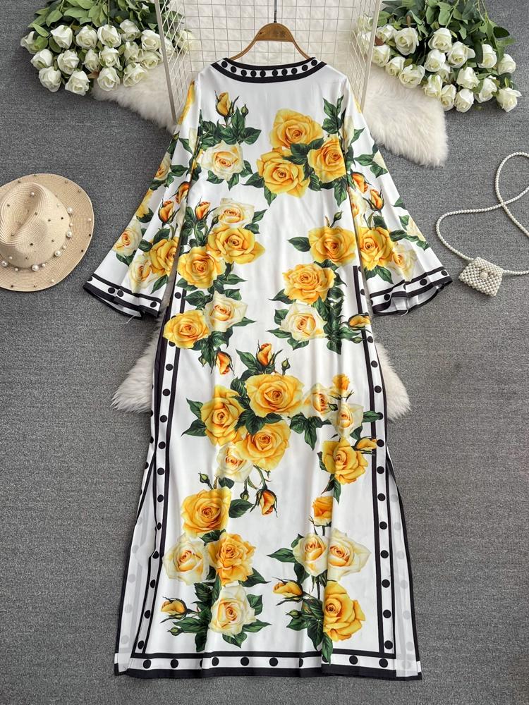 Summer Women Designer Print Runway Dresses Flare Sleeve Straignt Long Maxi Holiday Dress