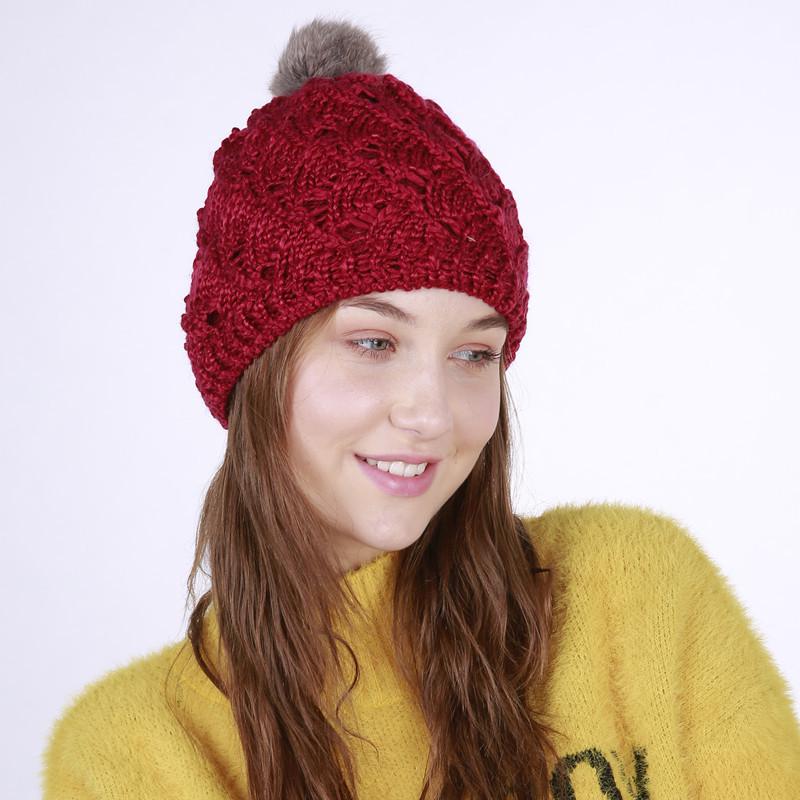 Lady Handmade Knitted Hat Double Layer Fan-Shaped Knitting Pompom Hat Hood Rabbit Hair Ball Woolen Warm Hood Warm Cap  B-8470