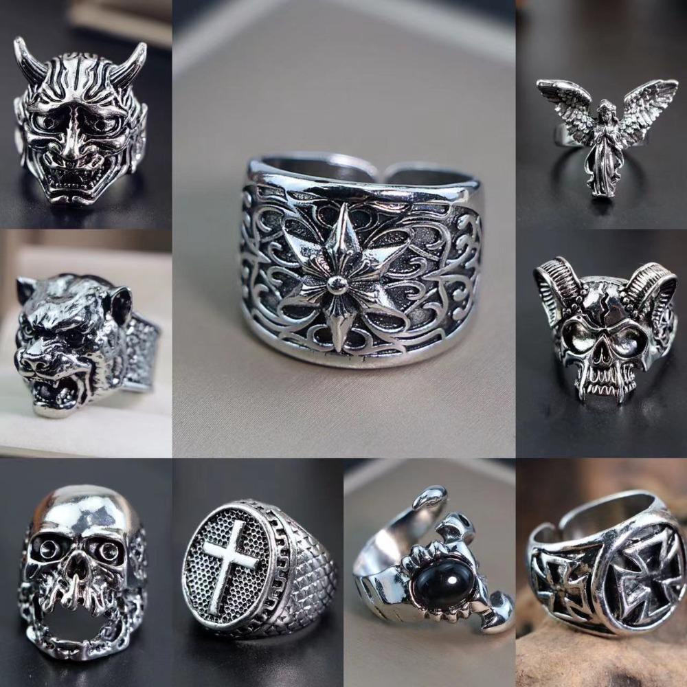 European and American Men's Trendy Metal Ring, Retro Style Cool and Handsome Design Totem Geometric Men's Ring