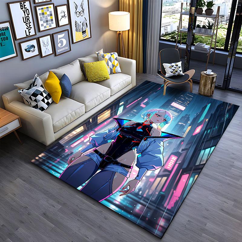 Cyberpunk Girl Neon City Scene suitable as a non-slip mat for the living room or bedroom sofa
