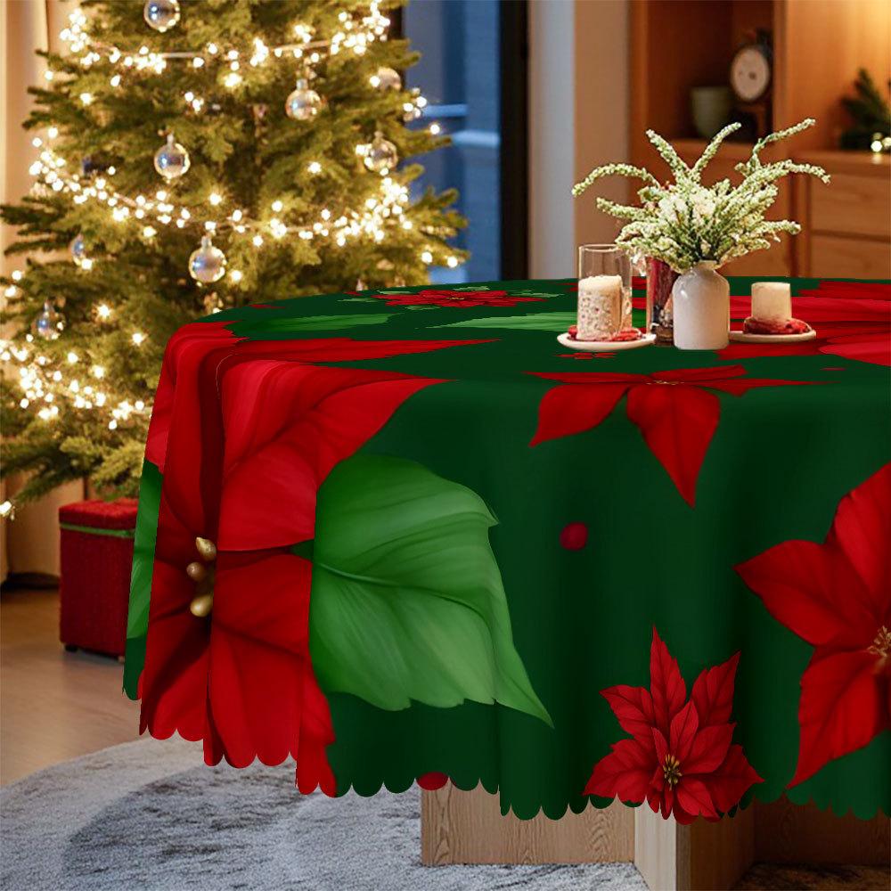 Christmas Table Cloth, Red Christmas Flower Green Leaf Print Polyester Tablecloth, Restaurant Table Fabric Decorative Cloth