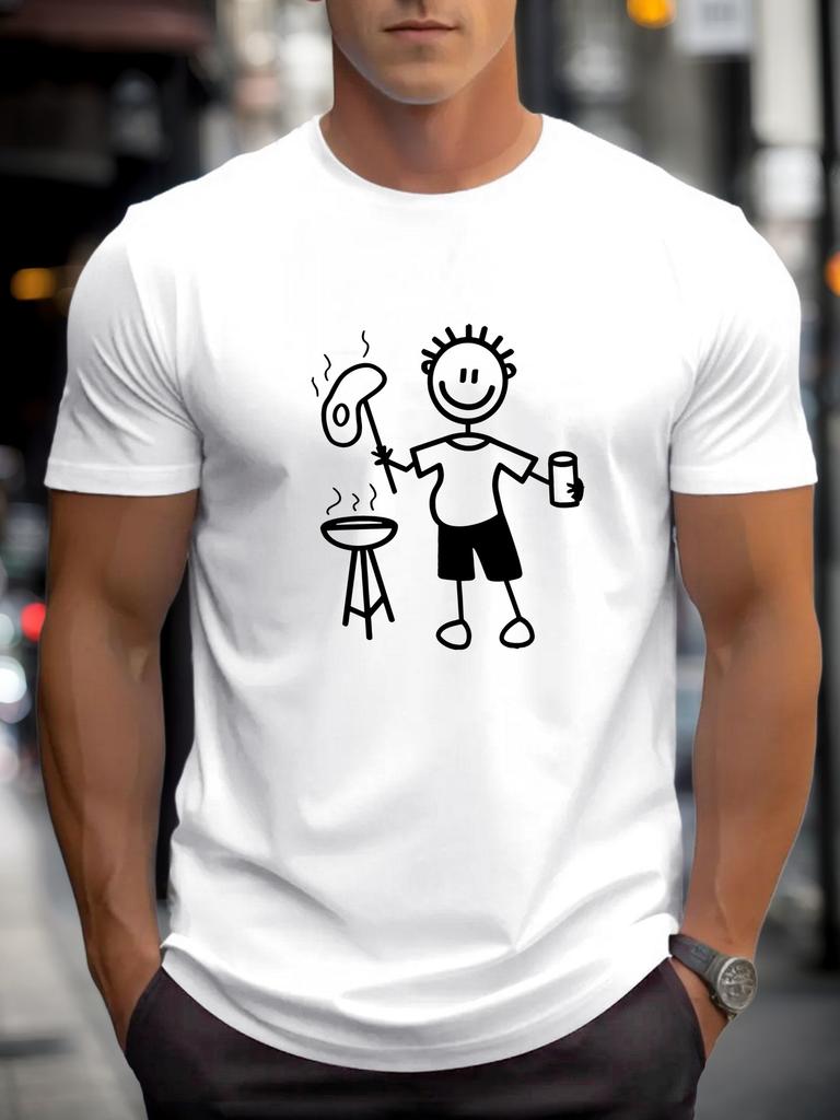 Men's Casual Figure Barbecue Print Summer 100% Pure Cotton Round Neck Short Sleeved Daily Outdoor Loose Oversized T-shirt