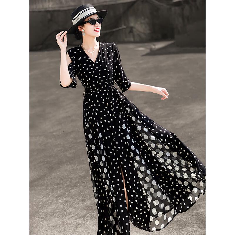 Elegant French Style Polka Dot V-Neck A-Line Midi Dress M